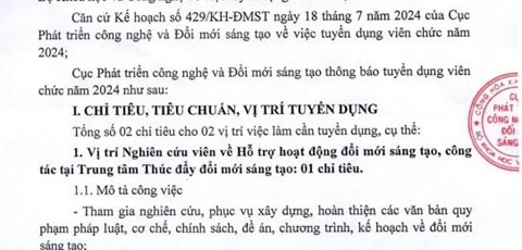 Thông báo về việc tuyển dụng viên chức năm 2024 của Cục Phát triển công nghệ và Đổi mới sáng tạo